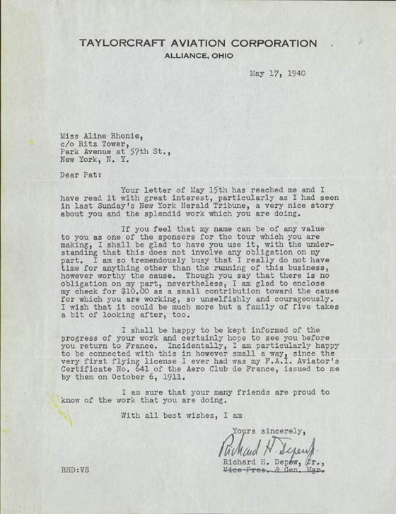 Letter from Richard Depew, May 17, 1940 (Source: Roberts) 